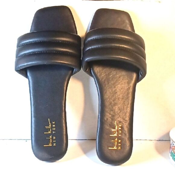 Nicole Miller Women's Solid Black Faux Leather Open Toe Flat Heel Slides… - Picture 1 of 5